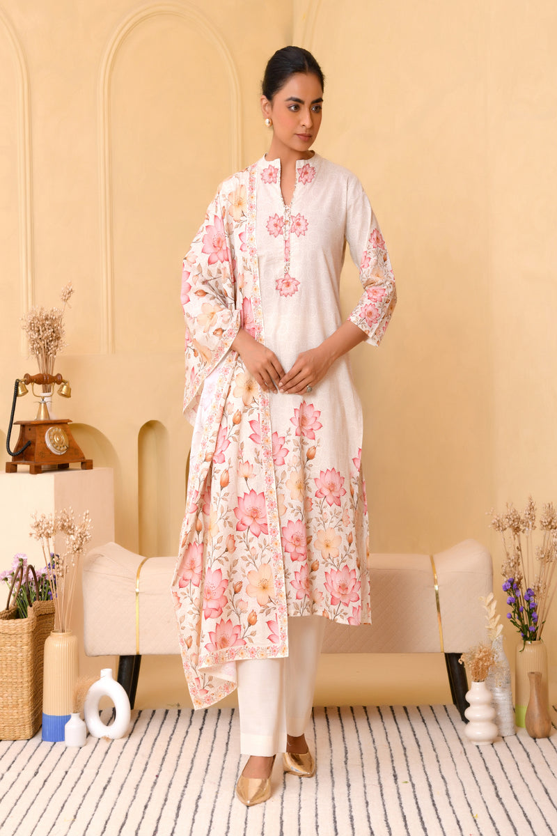 (Vaasva) Women craem patch work lotus printed suit set (Set of 5pc)