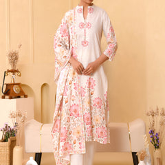 (Vaasva) Women craem patch work lotus printed suit set (Set of 5pc)