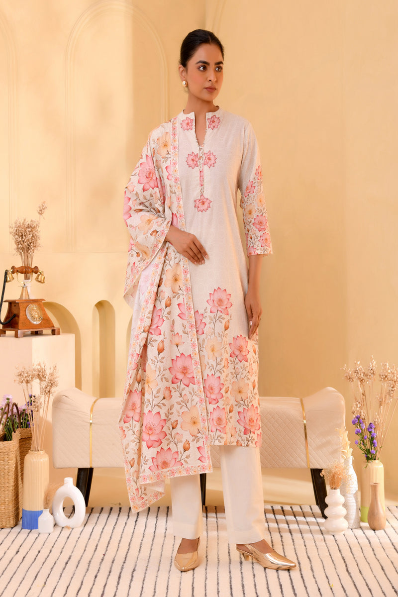 (Vaasva) Women craem patch work lotus printed suit set (Set of 5pc)