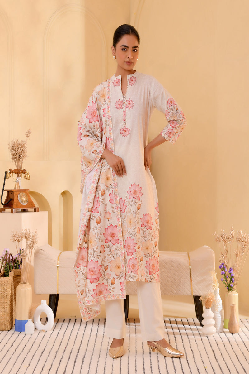 (Vaasva) Women craem patch work lotus printed suit set (Set of 5pc)