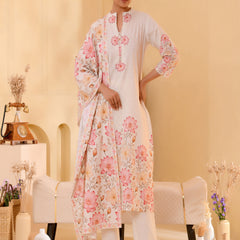 (Vaasva) Women craem patch work lotus printed suit set (Set of 5pc)