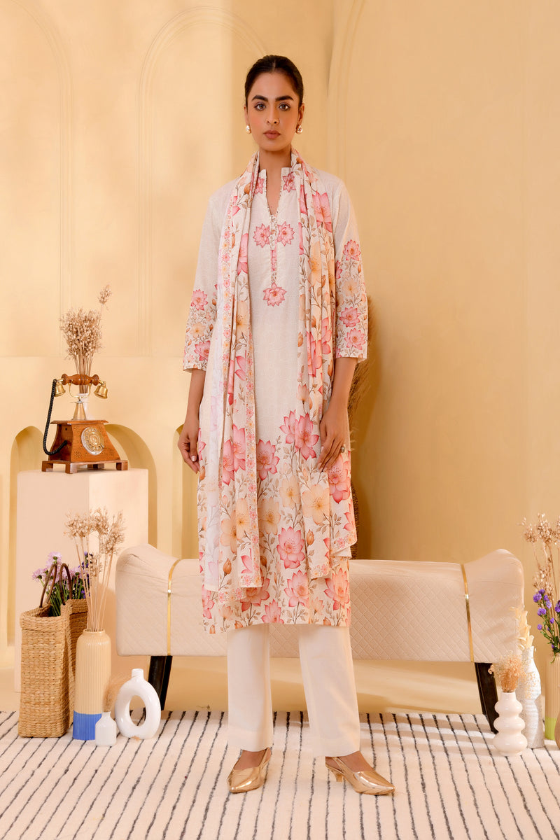 (Vaasva) Women craem patch work lotus printed suit set (Set of 5pc)