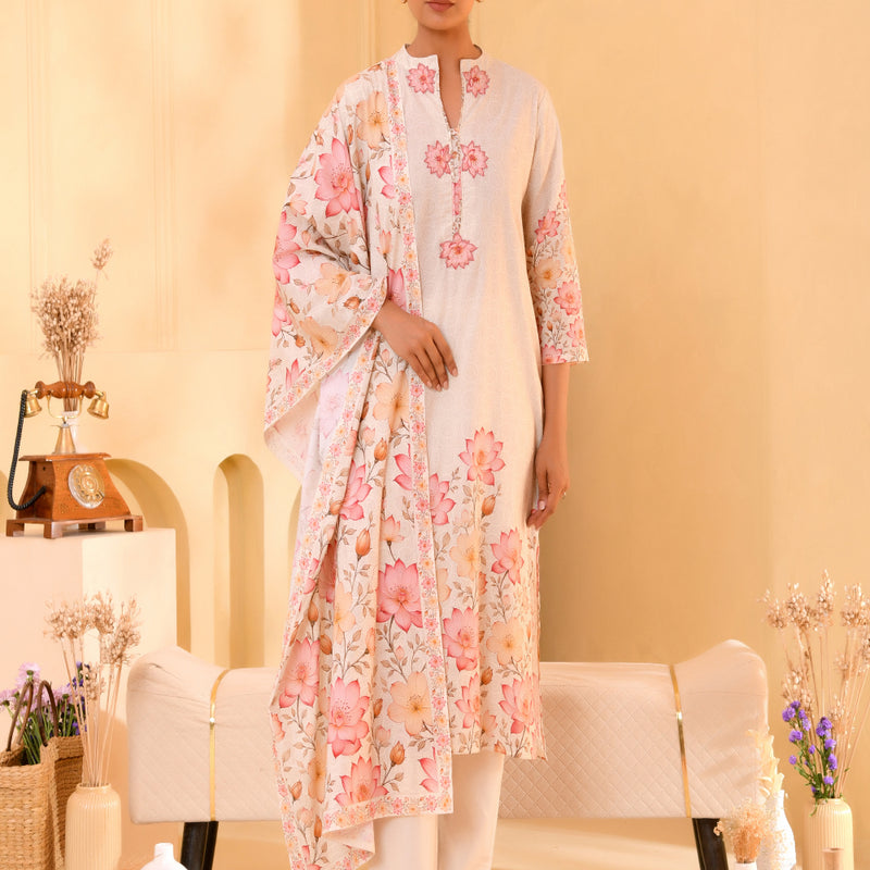 (Vaasva) Women craem patch work lotus printed suit set (Set of 5pc)