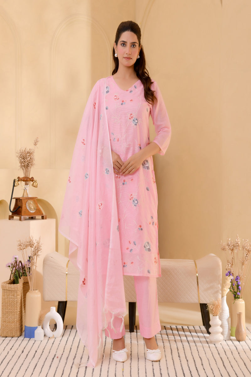 (Vaasva) Women solid pink multi kota doria embroidered suit set (Set of 5pc)