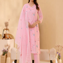 (Vaasva) Women solid pink multi kota doria embroidered suit set (Set of 5pc)