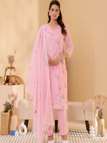 (Vaasva) Women solid pink multi kota doria embroidered suit set (Set of 5pc)