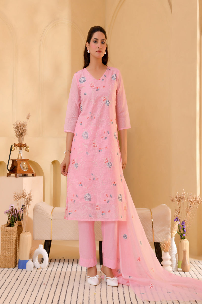 (Vaasva) Women solid pink multi kota doria embroidered suit set (Set of 5pc)