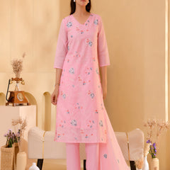 (Vaasva) Women solid pink multi kota doria embroidered suit set (Set of 5pc)