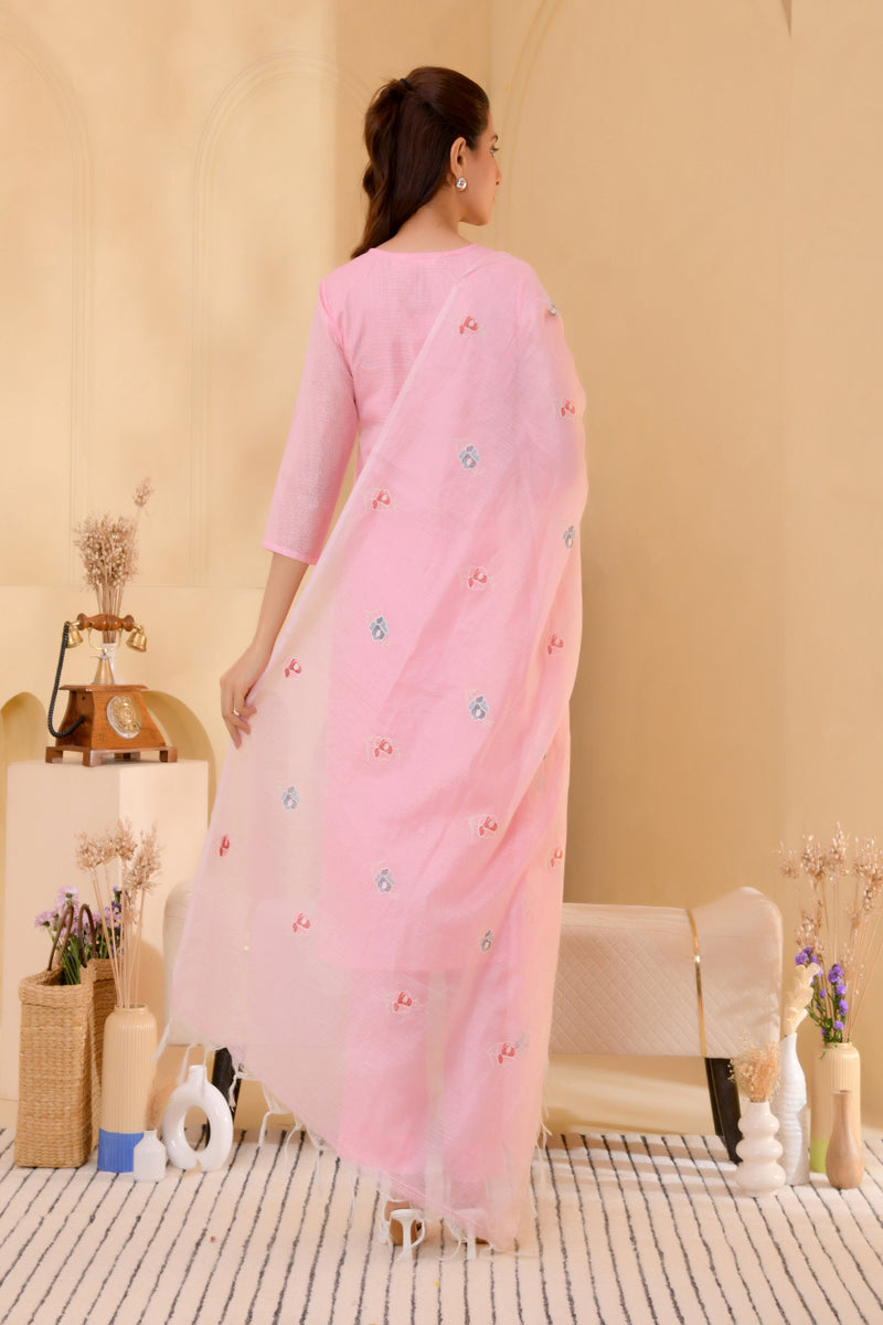 (Vaasva) Women solid pink multi kota doria embroidered suit set (Set of 5pc)