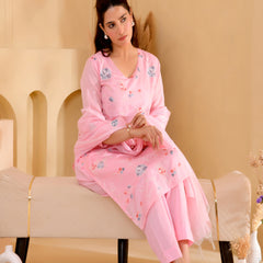 (Vaasva) Women solid pink multi kota doria embroidered suit set (Set of 5pc)