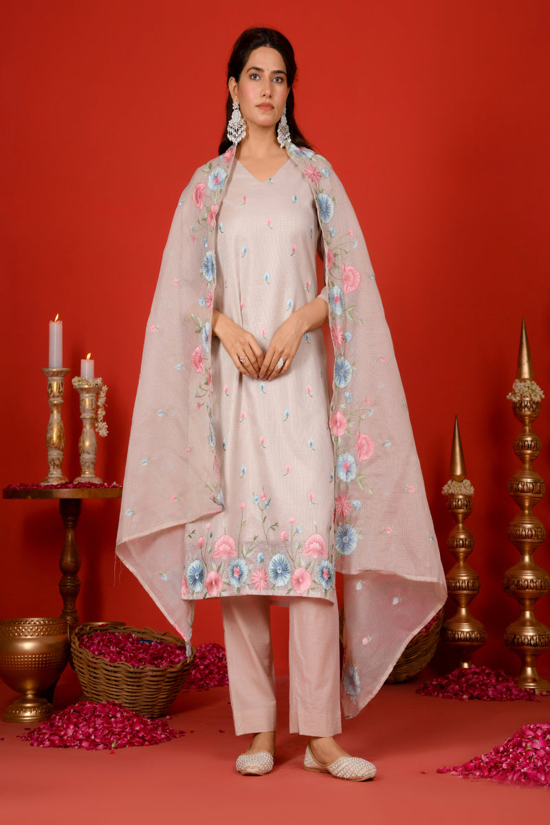 (Vaasva) Women solid grey kota doria multi thread embroidered (Set of 5pc)