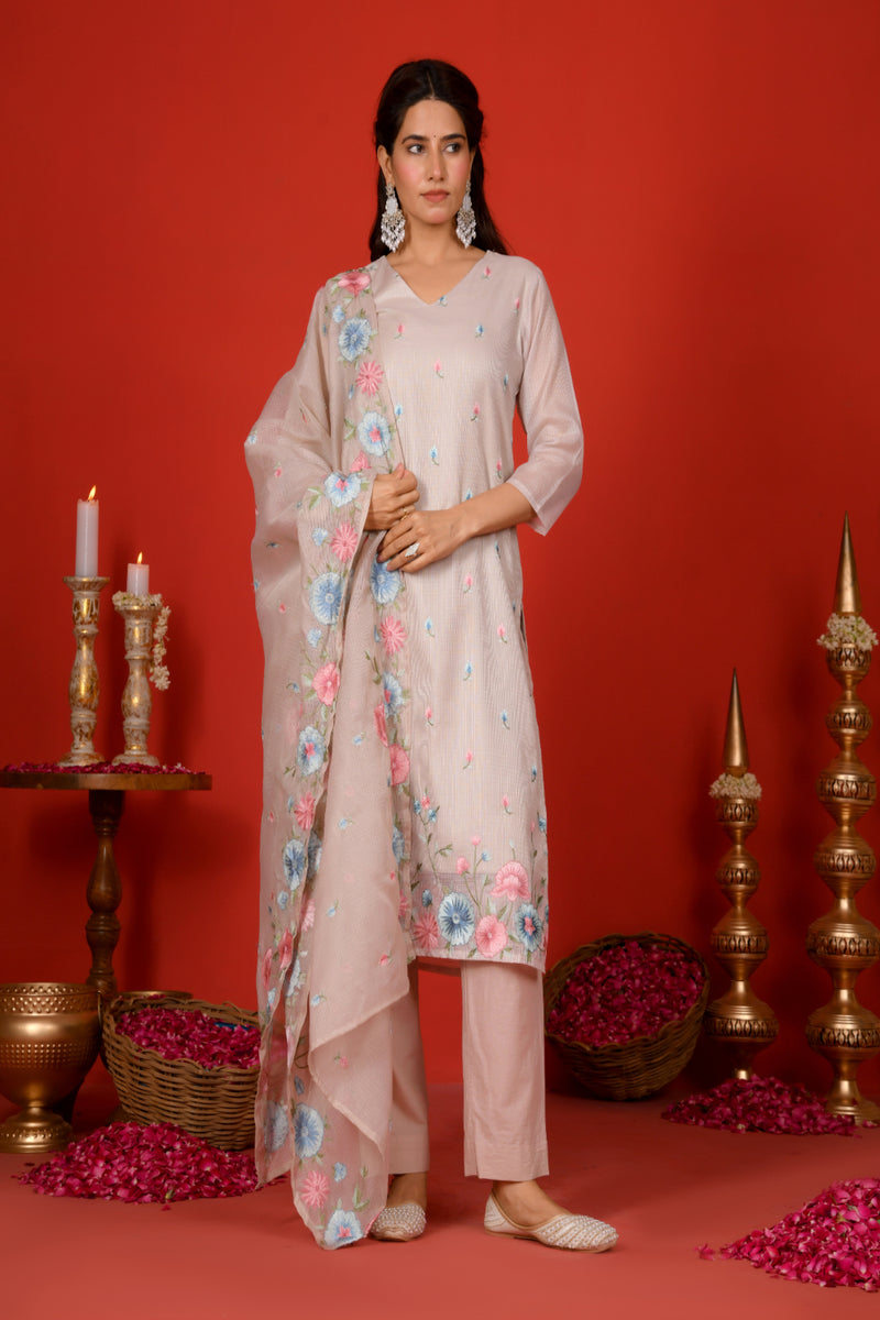 (Vaasva) Women solid grey kota doria multi thread embroidered (Set of 5pc)
