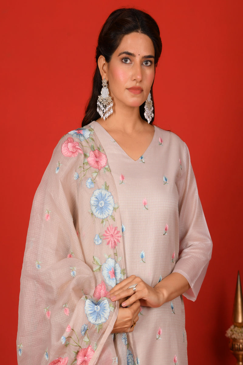 (Vaasva) Women solid grey kota doria multi thread embroidered (Set of 5pc)