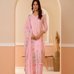(Vaasva) Women solid pink multi placement embroidered suit set (Set of 5pc)