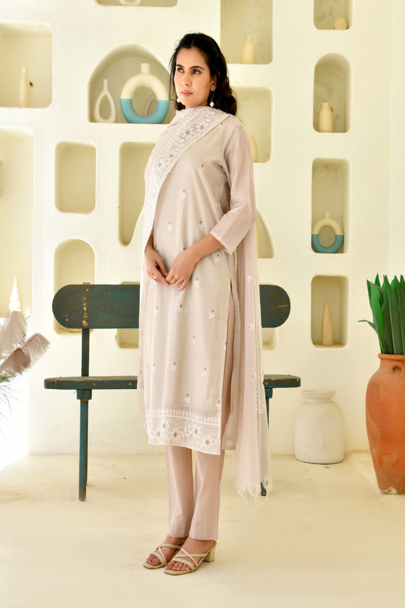 (Vaasva) Women grey kota doria chickenkari style suits set (Set of 5pc)
