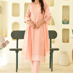 (Vaasva) Women peach kota doria chickenkari style suits set (Set of 5pc)