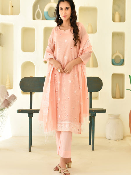 (Vaasva) Women peach kota doria chickenkari style suits set (Set of 5pc)