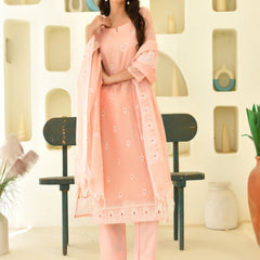 (Vaasva) Women peach kota doria chickenkari style suits set (Set of 5pc)