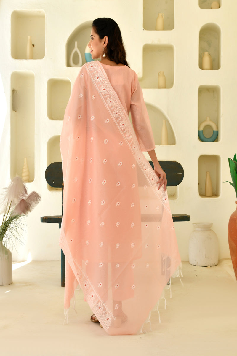 (Vaasva) Women peach kota doria chickenkari style suits set (Set of 5pc)