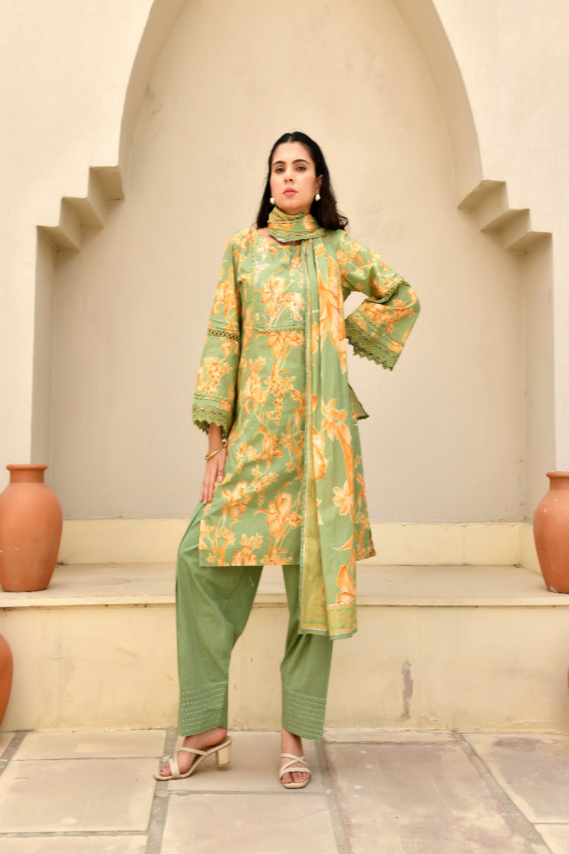 (Vaasva) Women floral printed zari work farshi salwar set (Set of 5pc)