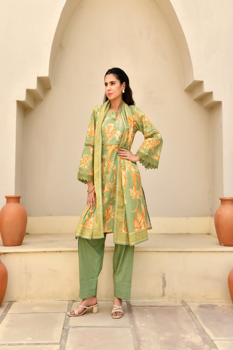 (Vaasva) Women floral printed zari work farshi salwar set (Set of 5pc)
