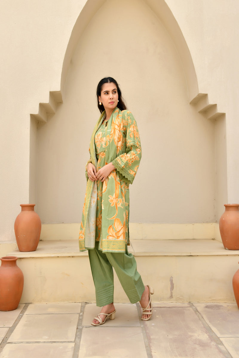 (Vaasva) Women floral printed zari work farshi salwar set (Set of 5pc)