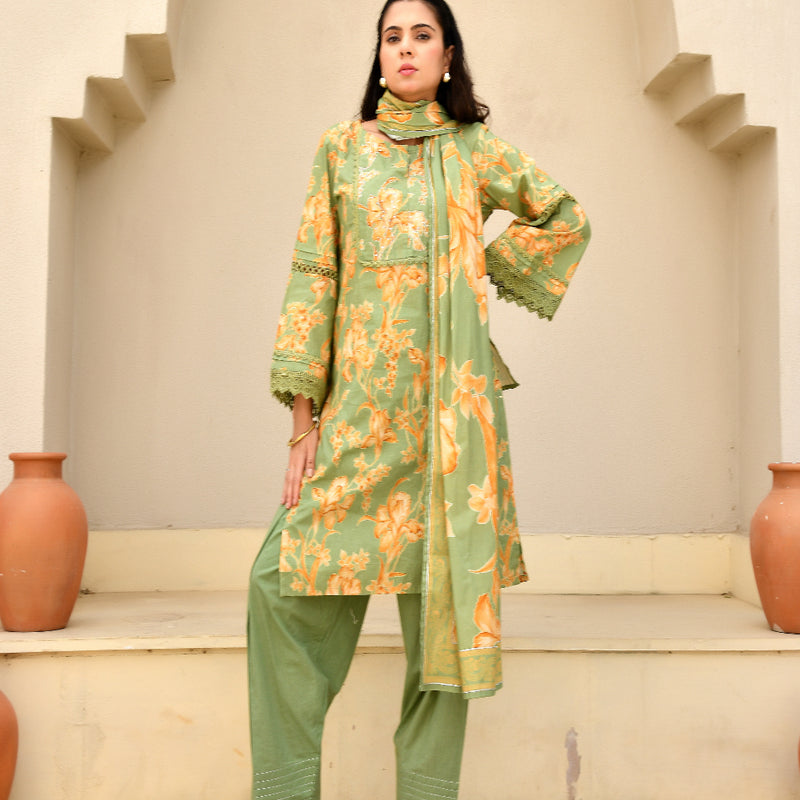 (Vaasva) Women floral printed zari work farshi salwar set (Set of 5pc)