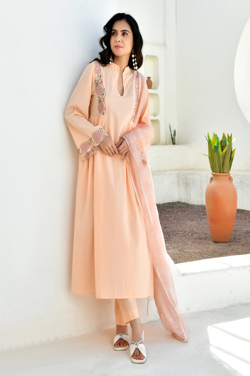 (Vaasva) Women peach applique aline suit set (Set of 5pc)