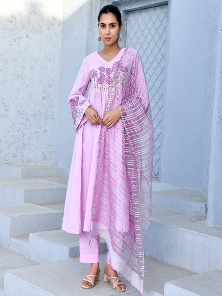 (Vaasva) Women purple applique aline suit set (Set of 5pc)