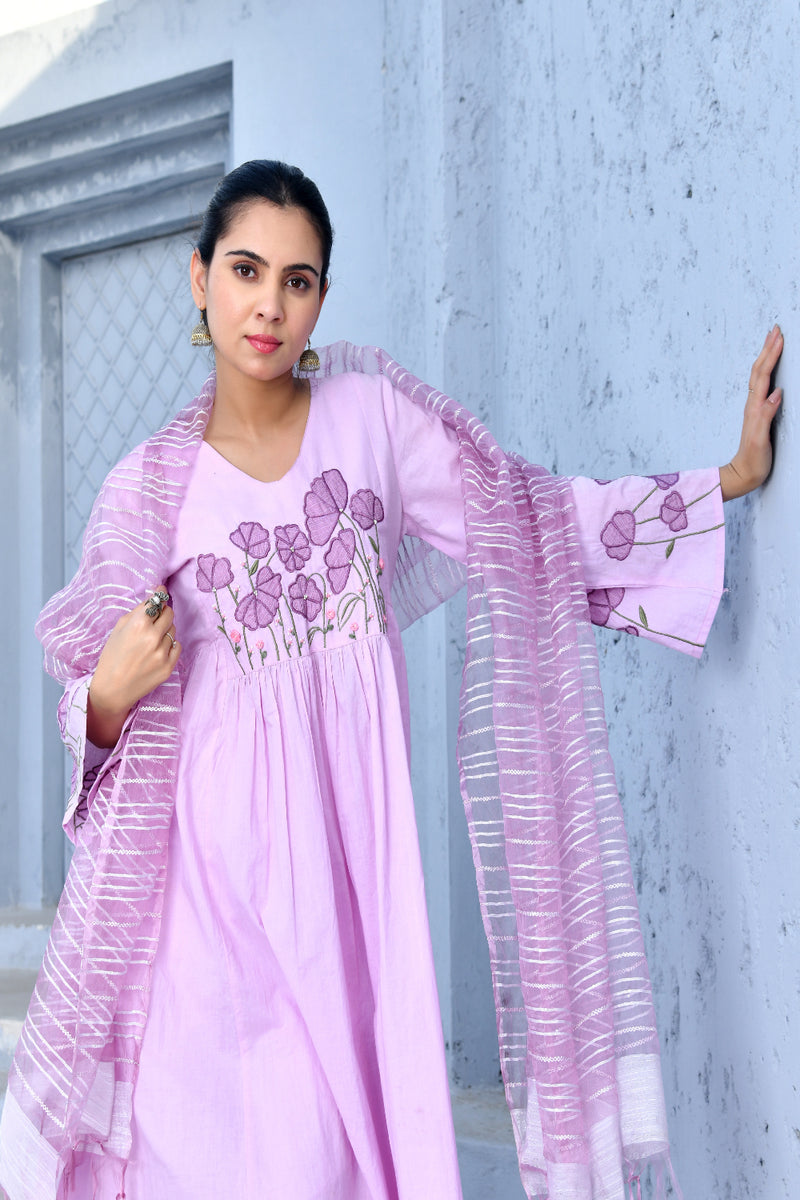 (Vaasva) Women purple applique aline suit set (Set of 5pc)