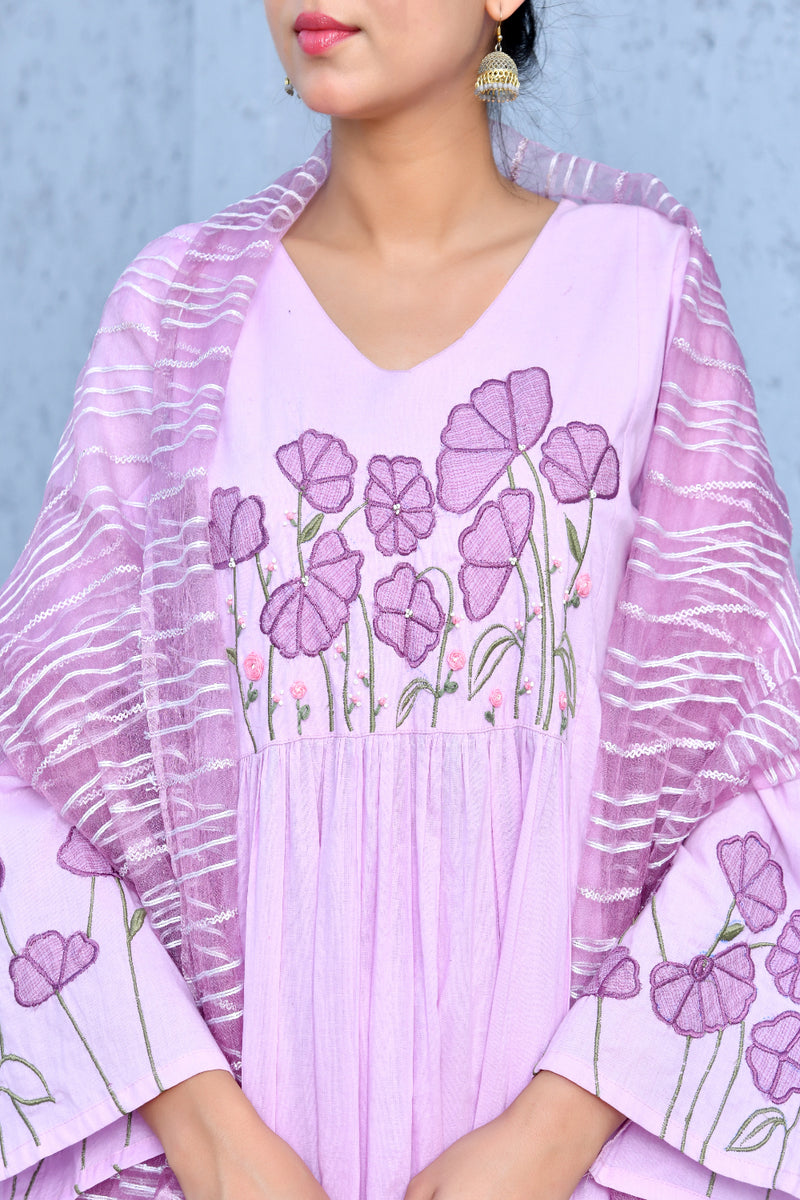 (Vaasva) Women purple applique aline suit set (Set of 5pc)