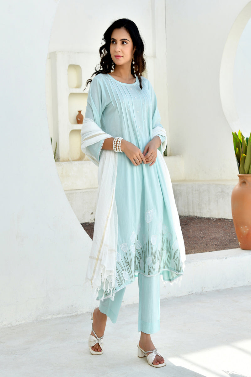 (Vaasva) Women sky applique aline suit set (Set of 5pc)