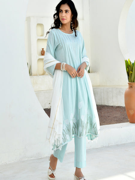 (Vaasva) Women sky applique aline suit set (Set of 5pc)