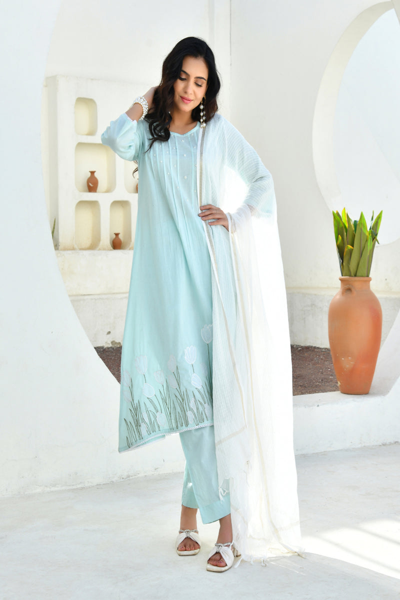(Vaasva) Women sky applique aline suit set (Set of 5pc)