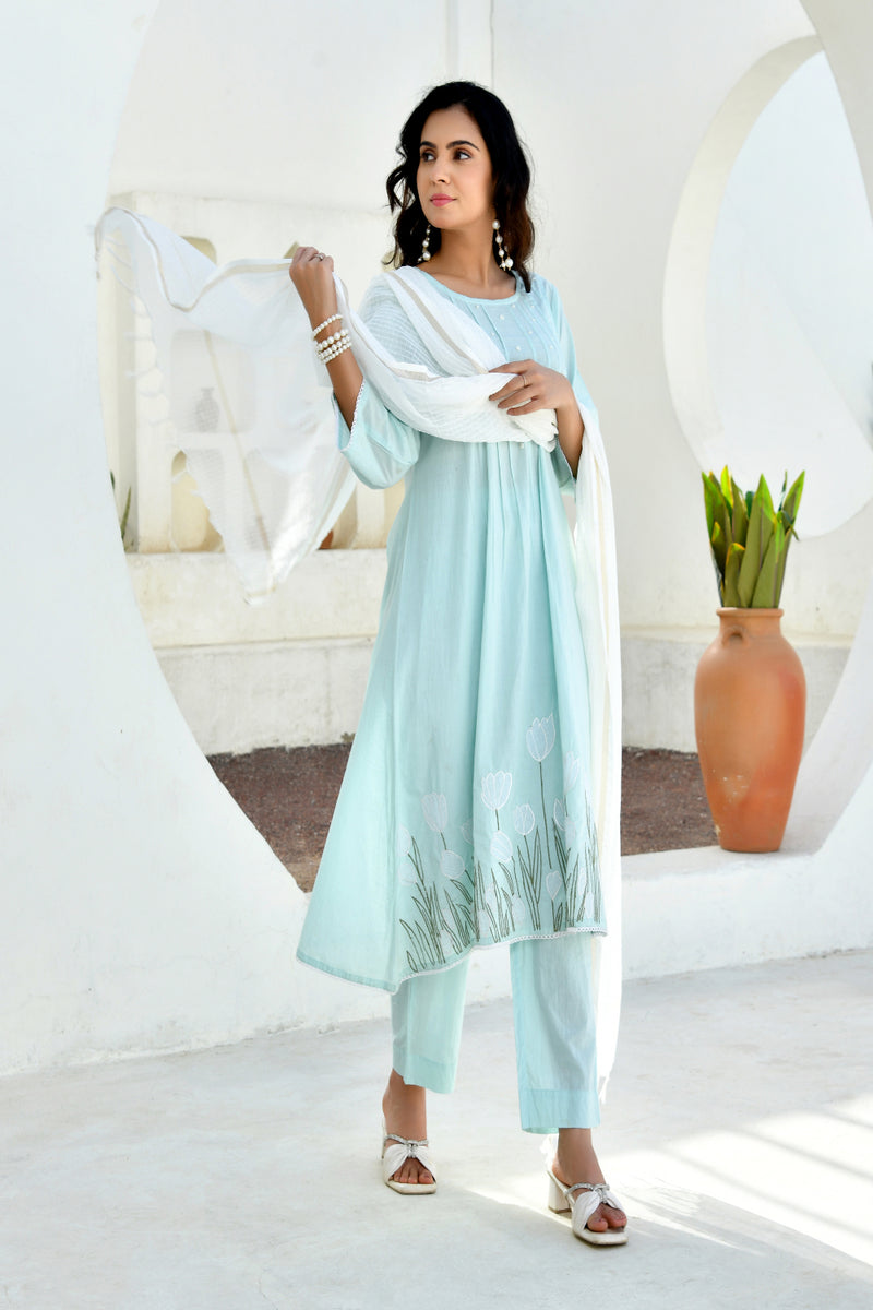 (Vaasva) Women sky applique aline suit set (Set of 5pc)