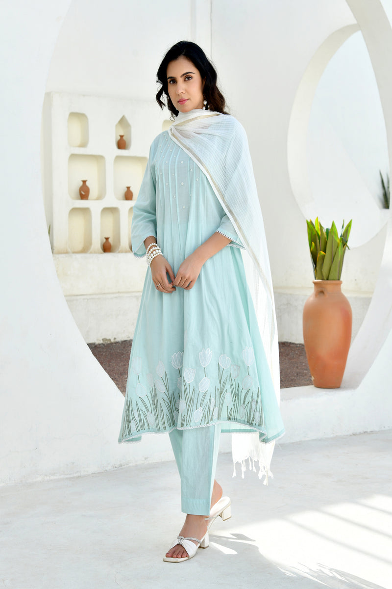 (Vaasva) Women sky applique aline suit set (Set of 5pc)