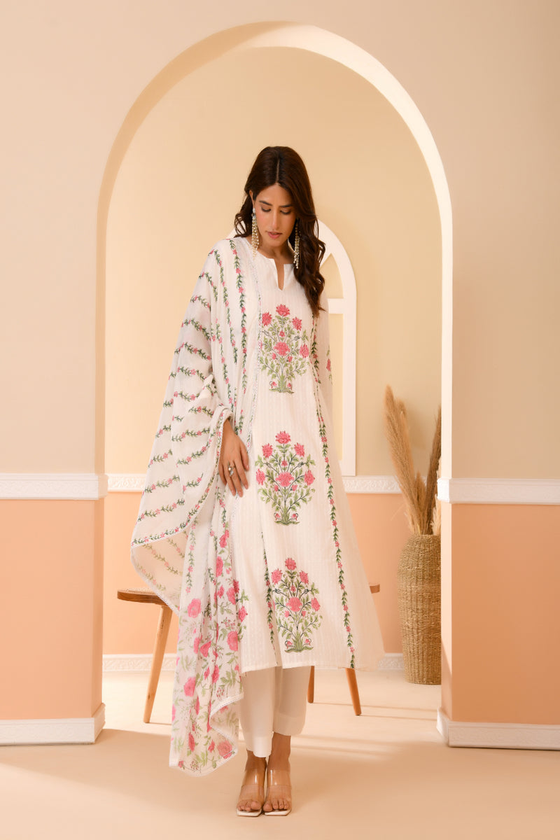(Vaasva) Women Dobby Red Floral placemnt printed aline suit set (Set of 5pc)