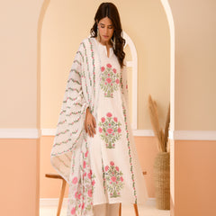 (Vaasva) Women Dobby Red Floral placemnt printed aline suit set (Set of 5pc)
