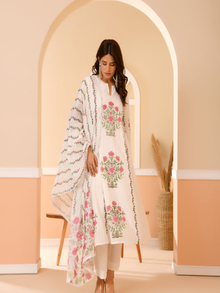(Vaasva) Women Dobby Red Floral placemnt printed aline suit set (Set of 5pc)