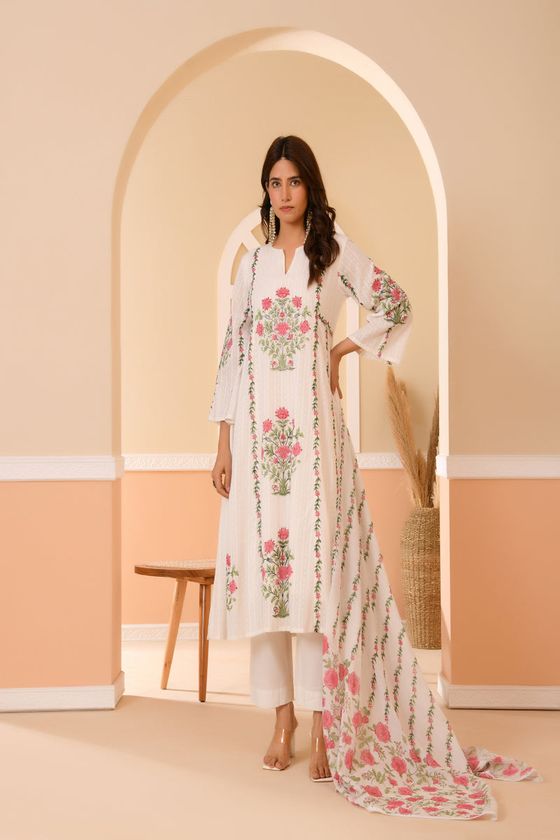(Vaasva) Women Dobby Red Floral placemnt printed aline suit set (Set of 5pc)
