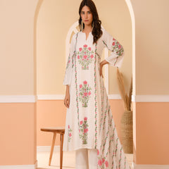 (Vaasva) Women Dobby Red Floral placemnt printed aline suit set (Set of 5pc)