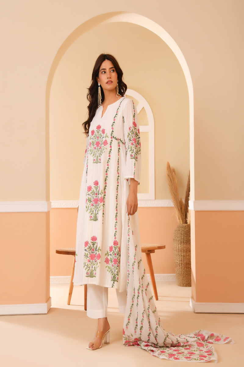 (Vaasva) Women Dobby Red Floral placemnt printed aline suit set (Set of 5pc)