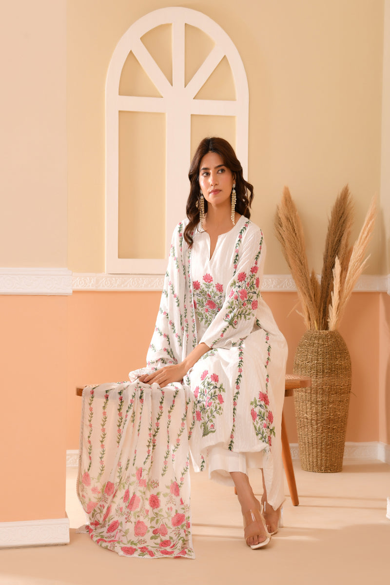 (Vaasva) Women Dobby Red Floral placemnt printed aline suit set (Set of 5pc)