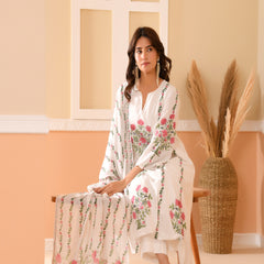 (Vaasva) Women Dobby Red Floral placemnt printed aline suit set (Set of 5pc)