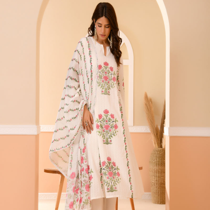 (Vaasva) Women Dobby Red Floral placemnt printed aline suit set (Set of 5pc)