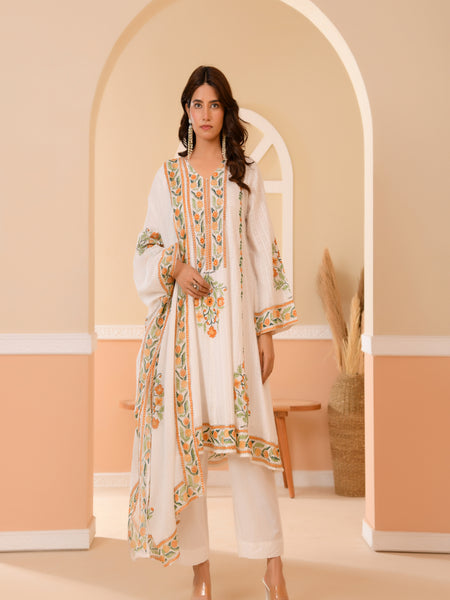 (Vaasva) Women Dobby Yellow Floral placemnt printed aline suit set (Set of 5pc)