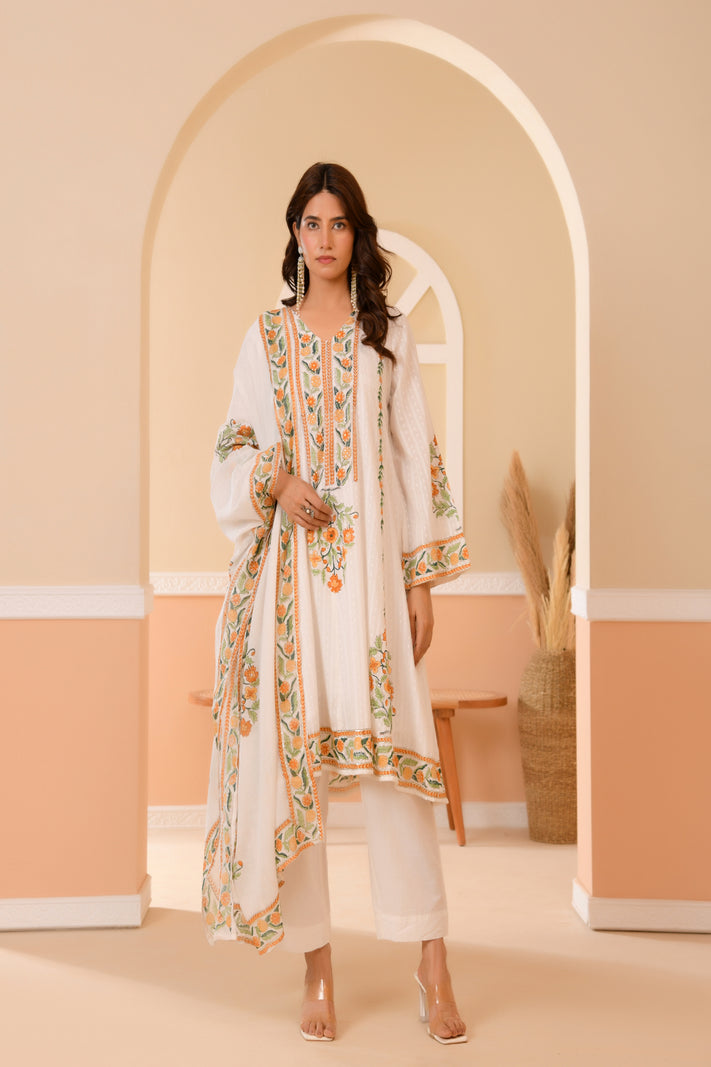 (Vaasva) Women Dobby Yellow Floral placemnt printed aline suit set (Set of 5pc)