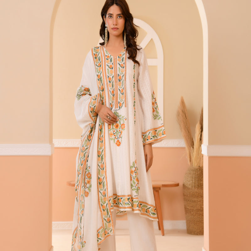 (Vaasva) Women Dobby Yellow Floral placemnt printed aline suit set (Set of 5pc)