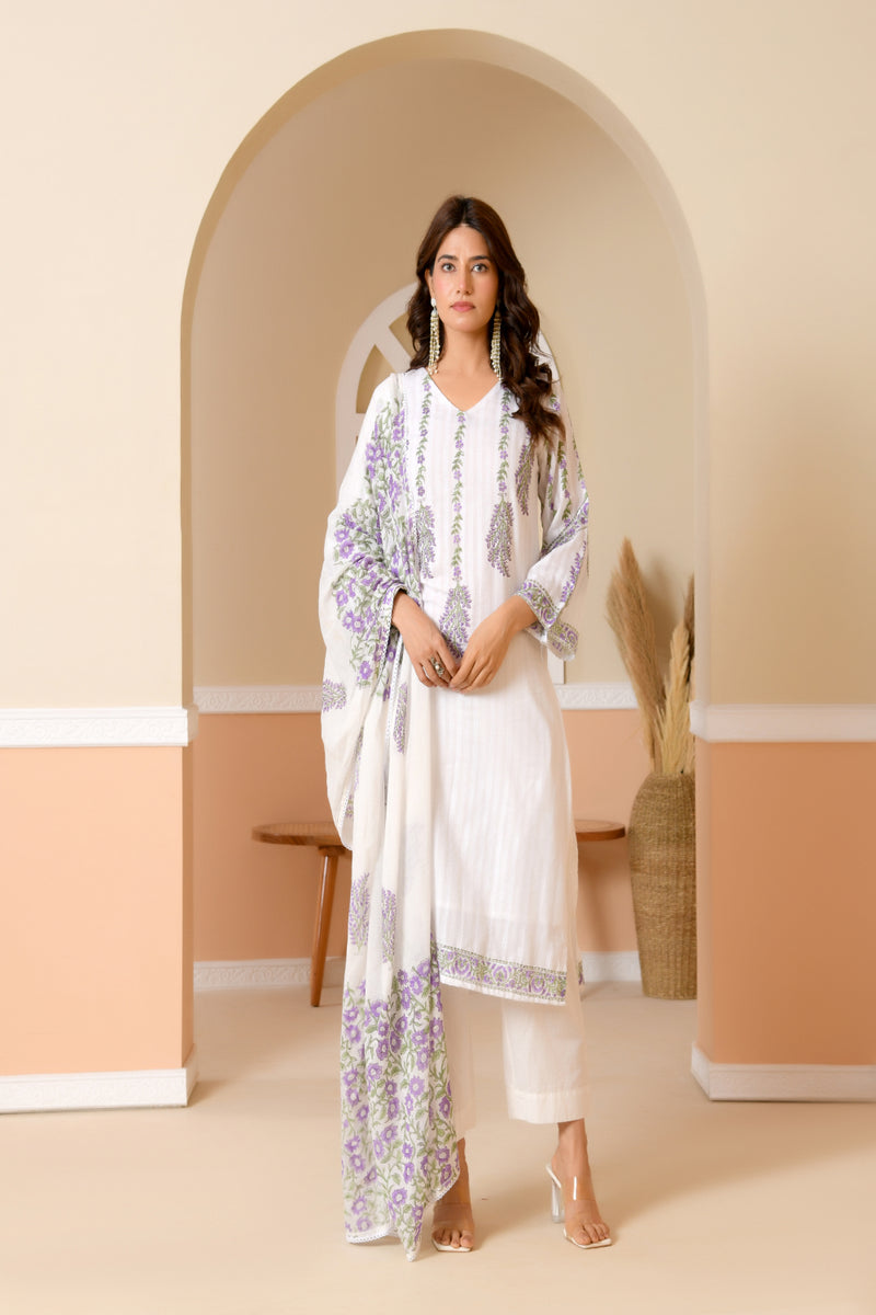 (Vaasva) Women Dobby Purple Floral placemnt printed suit set (Set of 5pc)