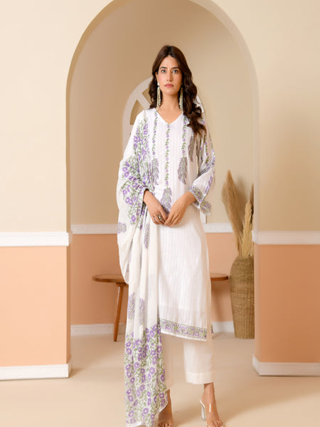 (Vaasva) Women Dobby Purple Floral placemnt printed suit set (Set of 5pc)